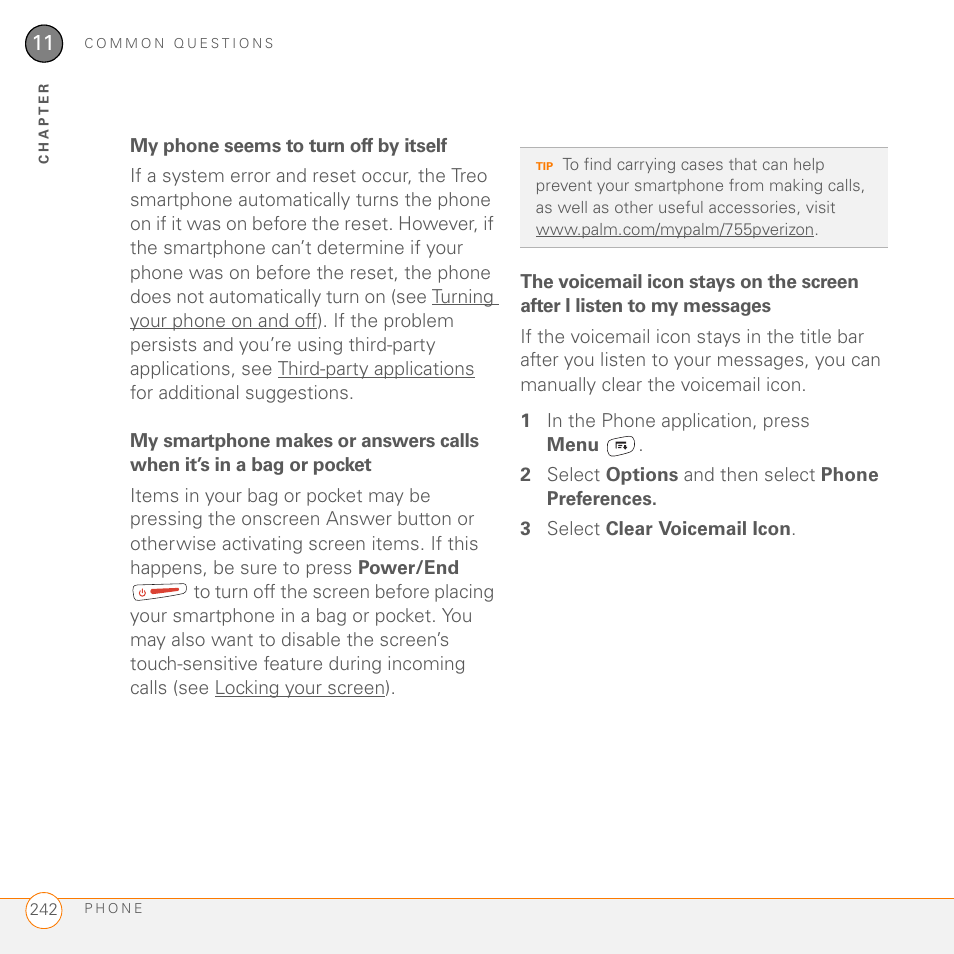 My phone seems to turn off by itself | Palm 755P User Manual | Page 242 / 304