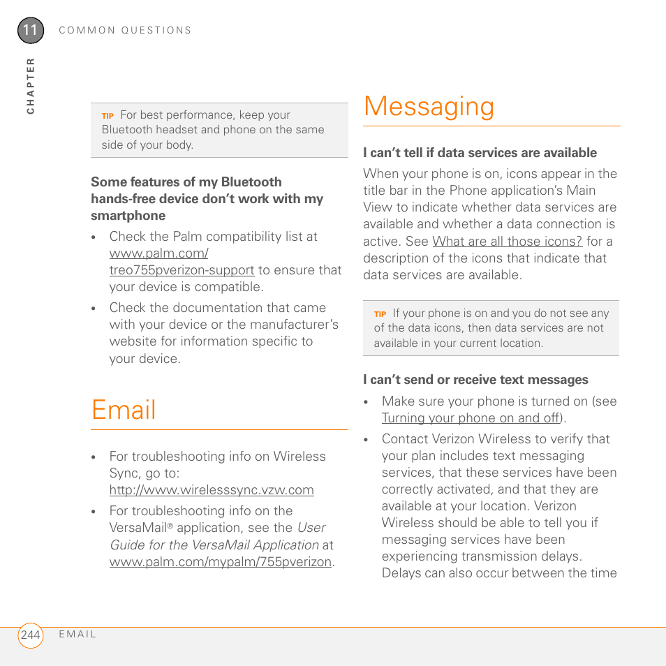 Email, Messaging, I can’t tell if data services are available | I can’t send or receive text messages | Palm 755P User Manual | Page 244 / 304