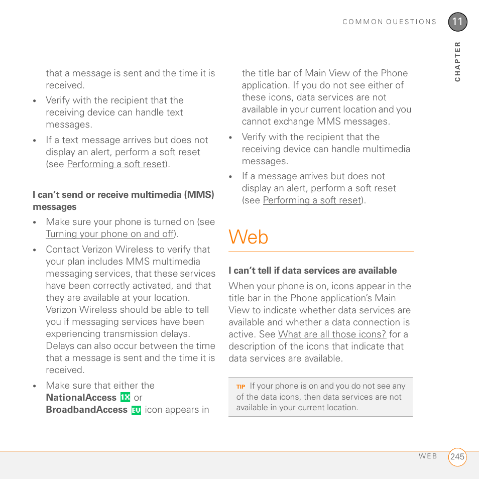 I can’t send or receive multimedia (mms) messages, I can’t tell if data services are available | Palm 755P User Manual | Page 245 / 304