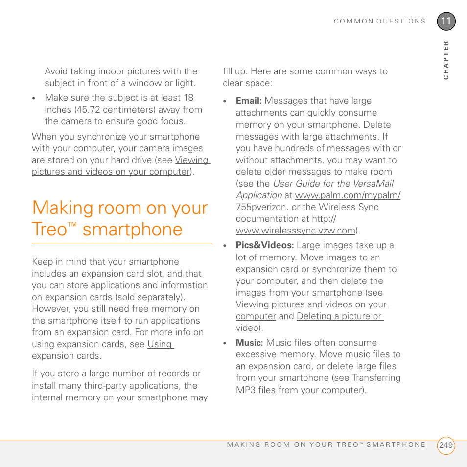 Making room on your treo™ smartphone, Making room on your treo, Smartphone | Palm 755P User Manual | Page 249 / 304