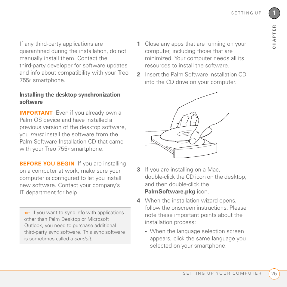 Installing the desktop synchronization software | Palm 755P User Manual | Page 25 / 304