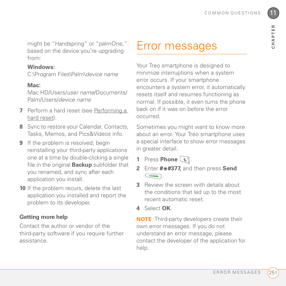 Getting more help, Error messages | Palm 755P User Manual | Page 251 / 304