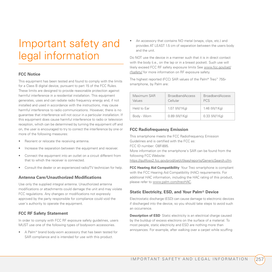 Important safety and legal information | Palm 755P User Manual | Page 257 / 304