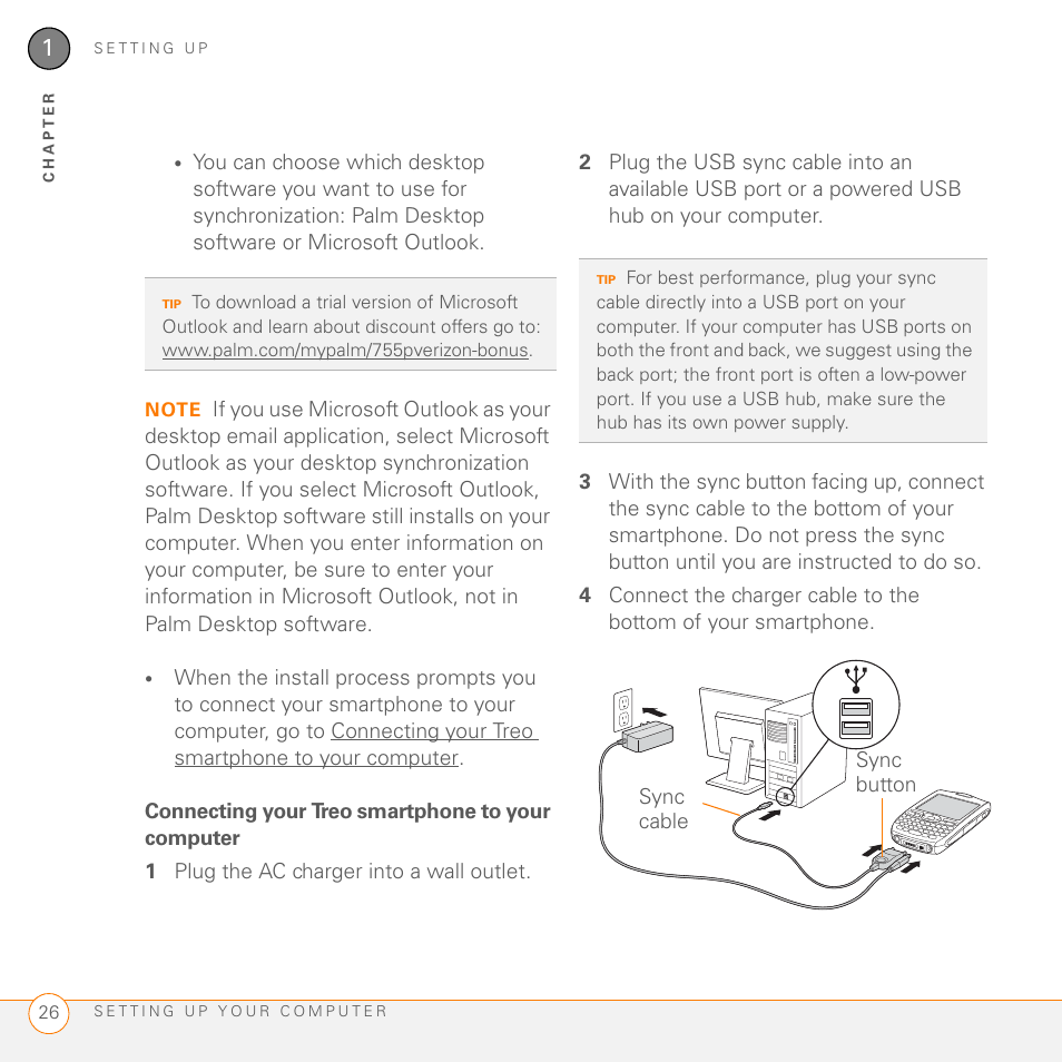 Connecting your treo smartphone to your computer | Palm 755P User Manual | Page 26 / 304