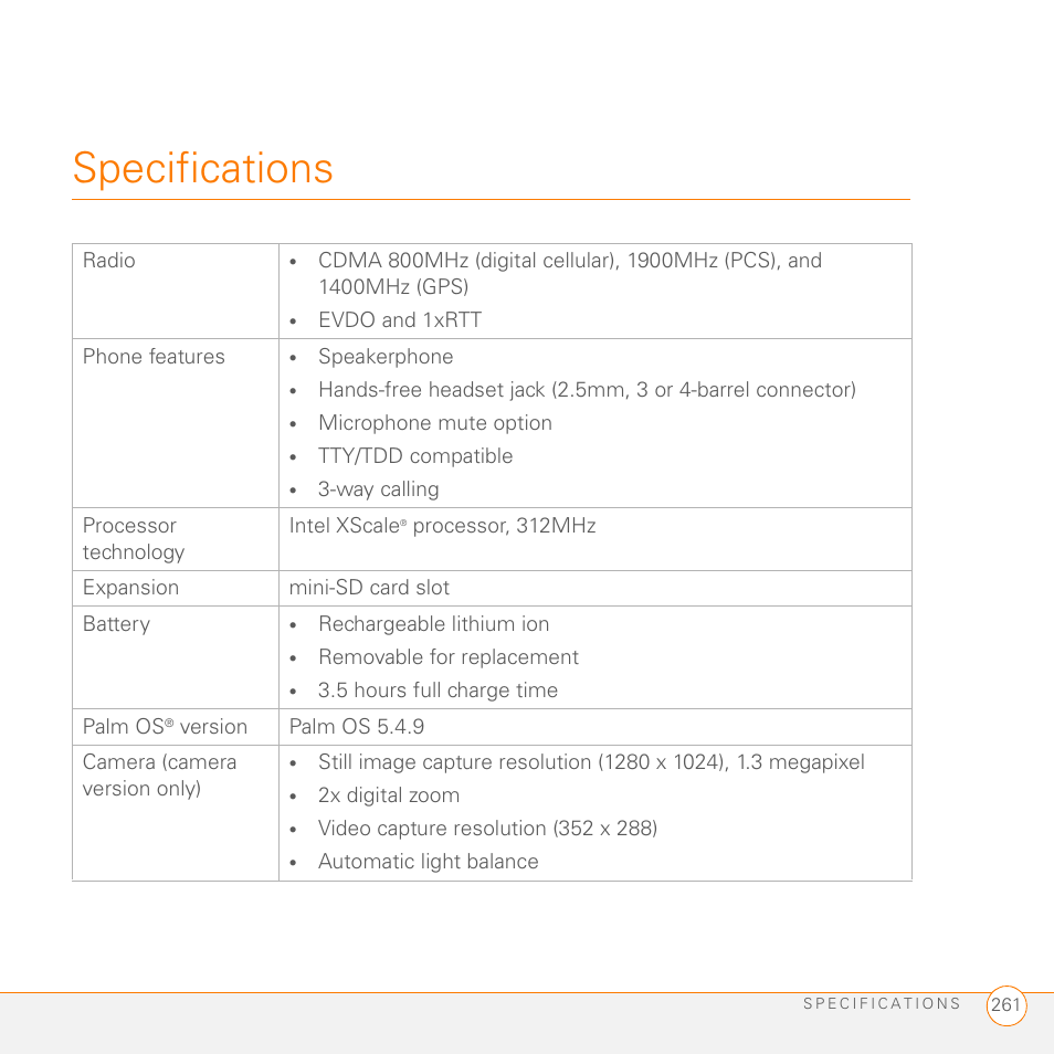 Specifications | Palm 755P User Manual | Page 261 / 304