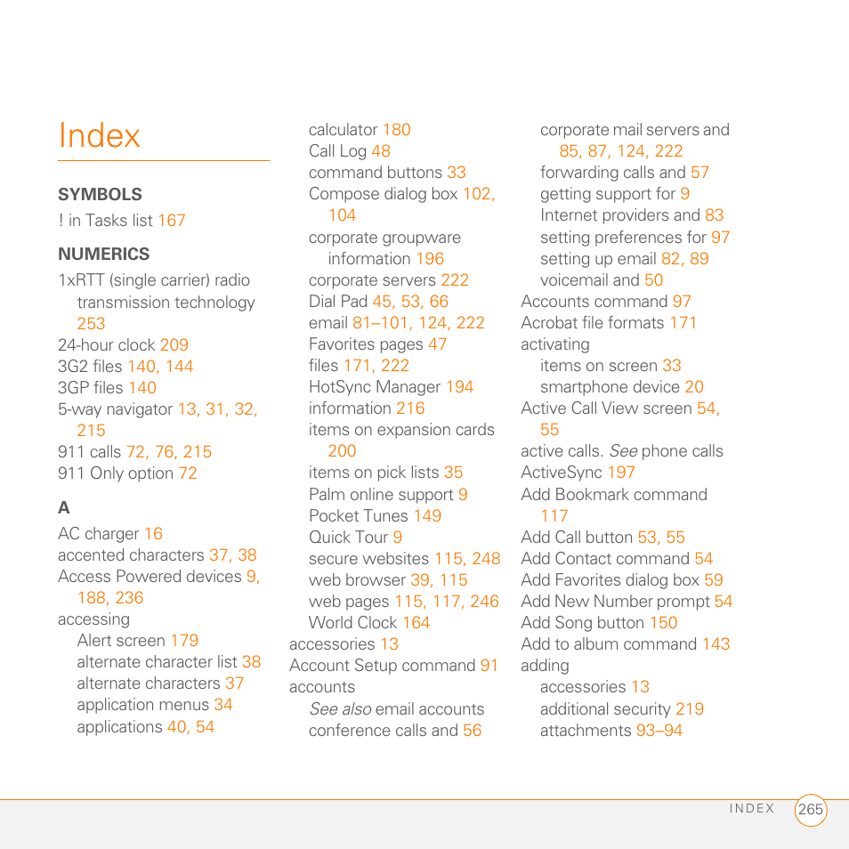 Index, Symbols, Numerics | Palm 755P User Manual | Page 265 / 304