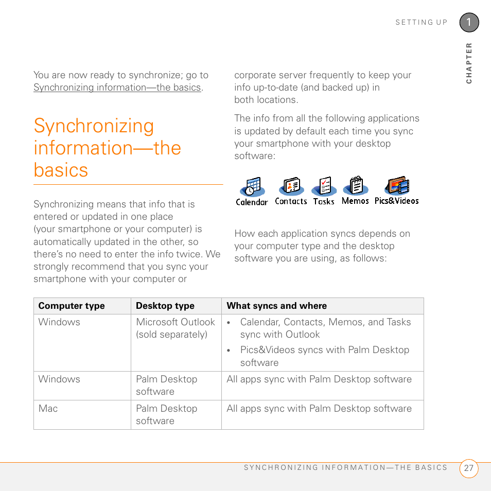 Synchronizing information-the basics, Synchronizing information—the basics | Palm 755P User Manual | Page 27 / 304