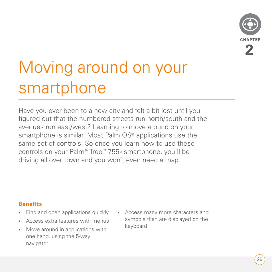 Moving around on your smartphone, Chapter 2: moving around on your smartphone | Palm 755P User Manual | Page 29 / 304