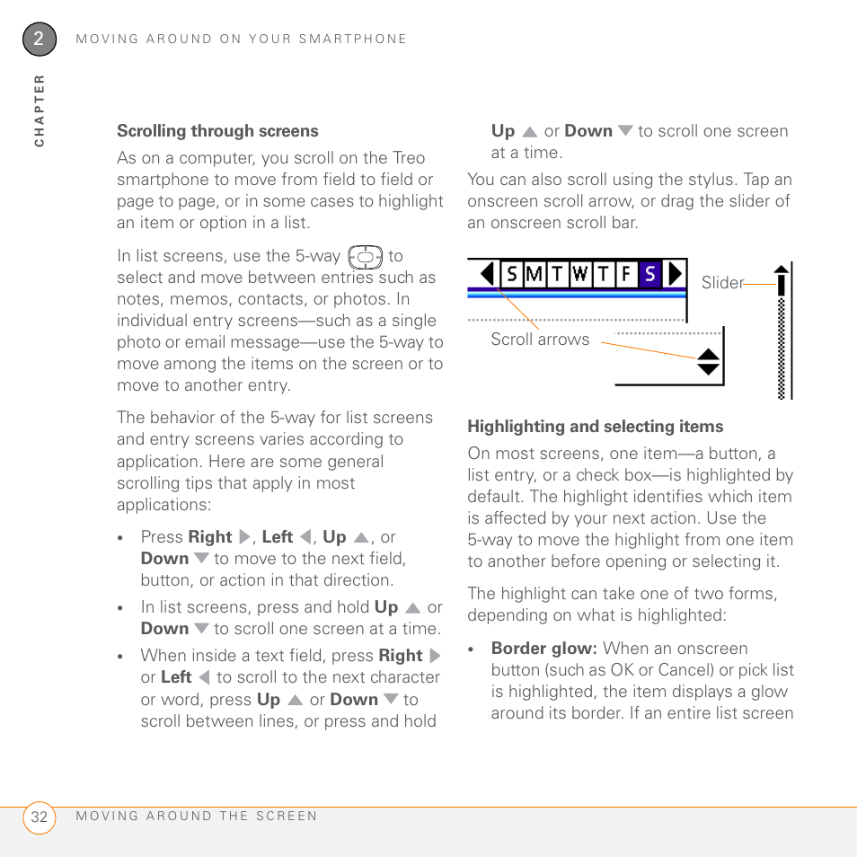 Scrolling through screens, Highlighting and selecting items | Palm 755P User Manual | Page 32 / 304