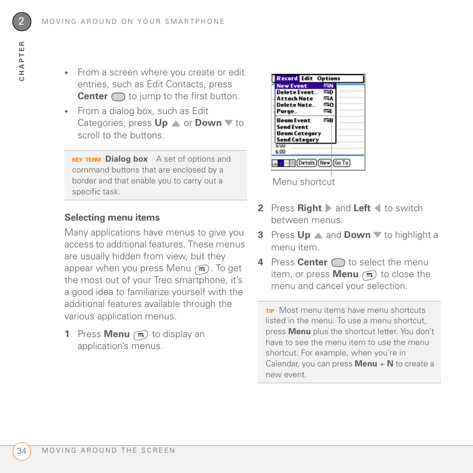 Selecting menu items | Palm 755P User Manual | Page 34 / 304