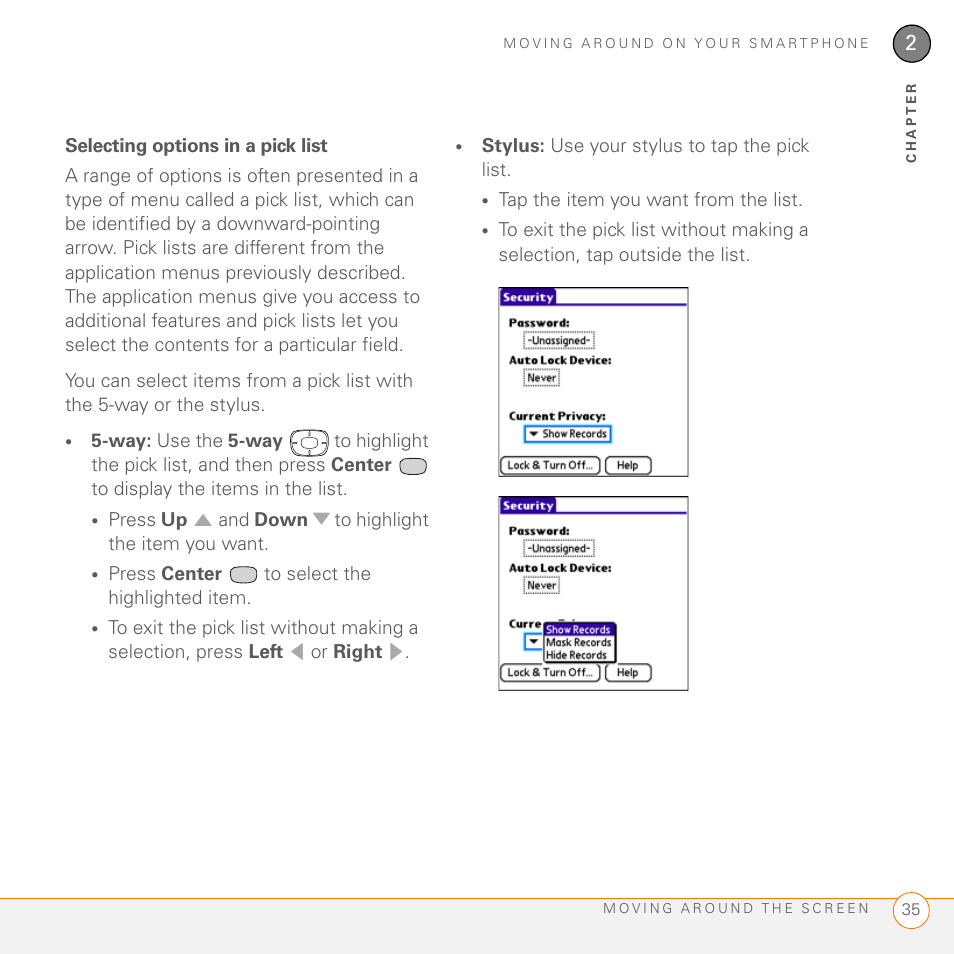 Selecting options in a pick list | Palm 755P User Manual | Page 35 / 304