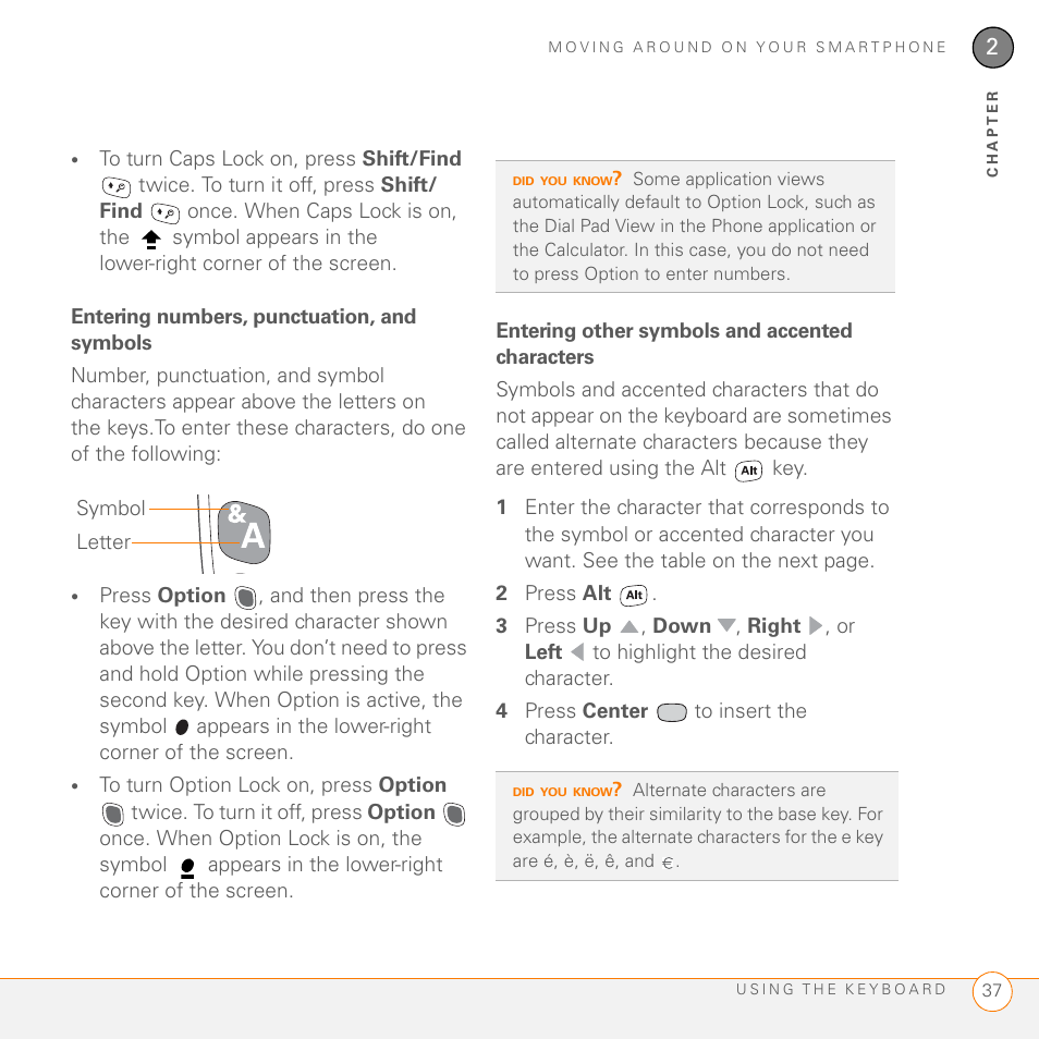 Entering numbers, punctuation, and symbols, Entering other symbols and accented characters | Palm 755P User Manual | Page 37 / 304