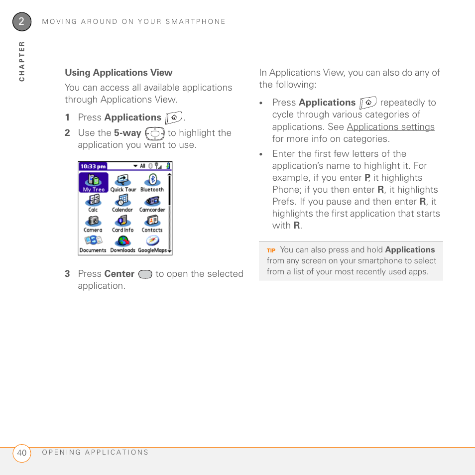 Using applications view | Palm 755P User Manual | Page 40 / 304