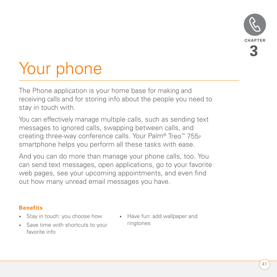 Your phone, Chapter 3: your phone | Palm 755P User Manual | Page 41 / 304