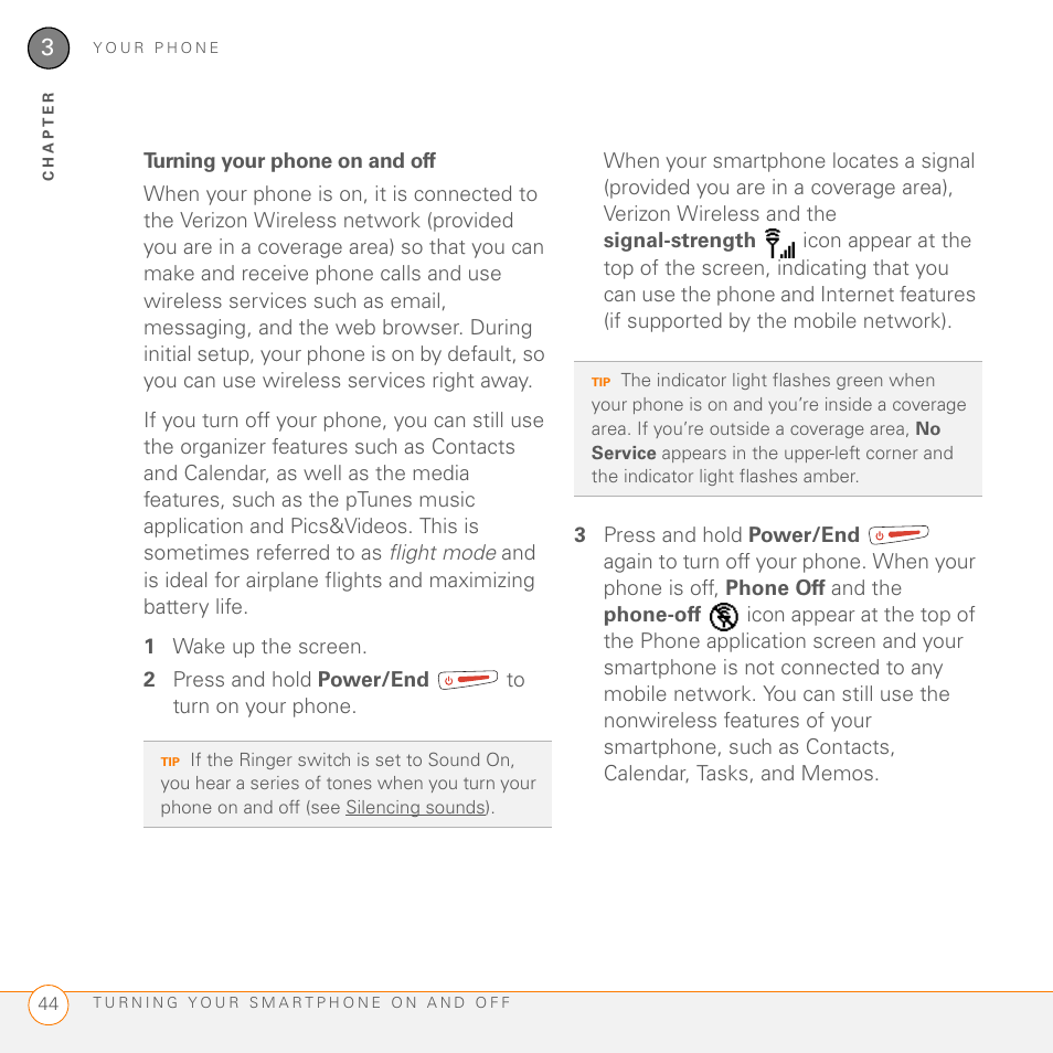 Turning your phone on and off, Our phone (see turning your phone on and off | Palm 755P User Manual | Page 44 / 304