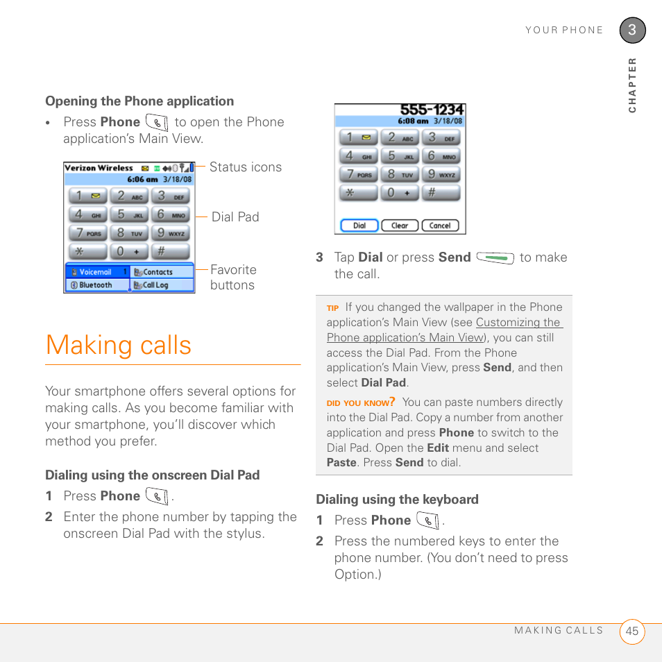 Opening the phone application, Making calls, Dialing using the onscreen dial pad | Dialing using the keyboard | Palm 755P User Manual | Page 45 / 304