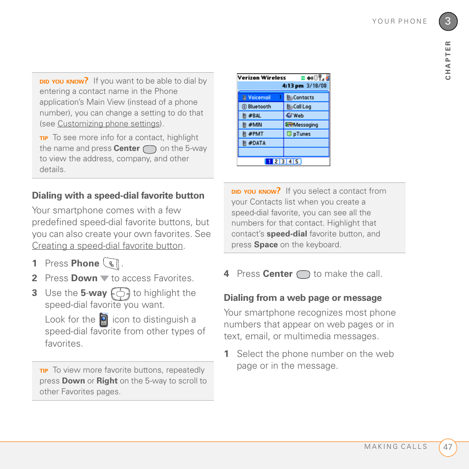 Dialing with a speed-dial favorite button | Palm 755P User Manual | Page 47 / 304