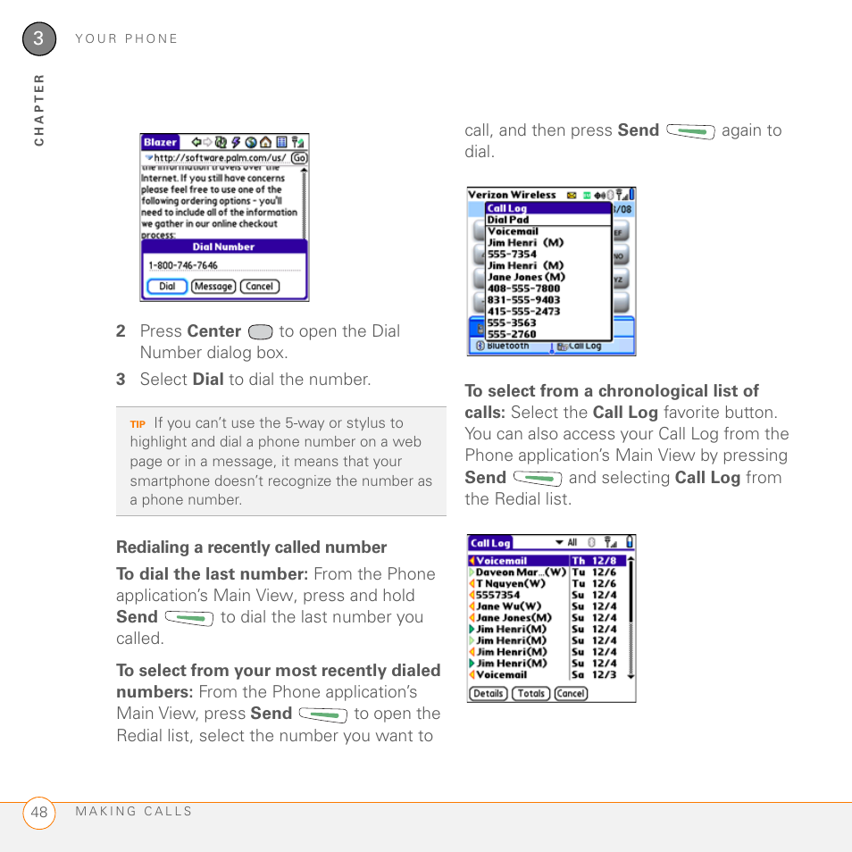 Redialing a recently called number | Palm 755P User Manual | Page 48 / 304