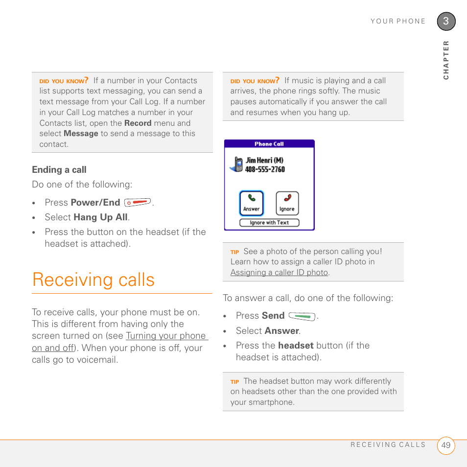Ending a call, Receiving calls | Palm 755P User Manual | Page 49 / 304