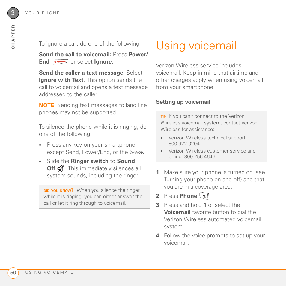 Using voicemail, Setting up voicemail | Palm 755P User Manual | Page 50 / 304