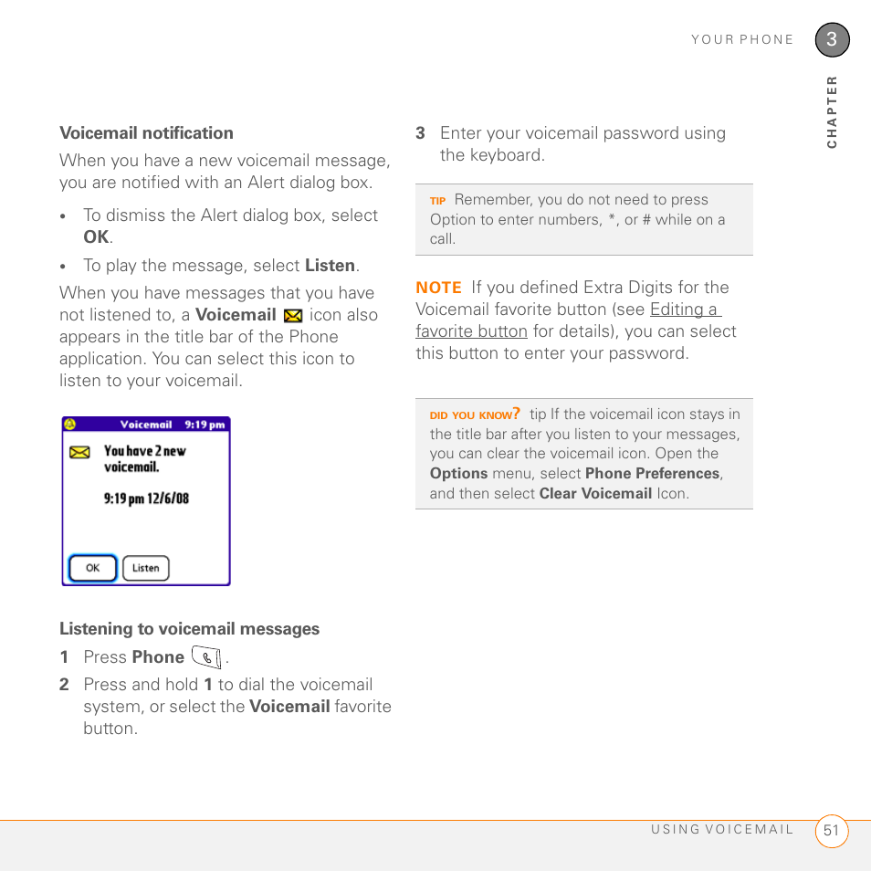 Voicemail notification, Listening to voicemail messages | Palm 755P User Manual | Page 51 / 304