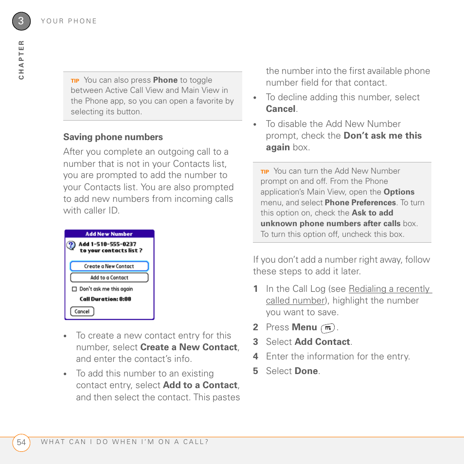 Saving phone numbers | Palm 755P User Manual | Page 54 / 304