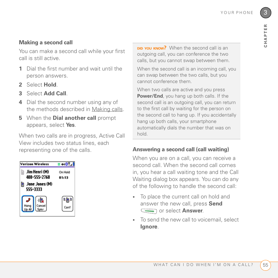 Making a second call, Answering a second call (call waiting), Call, see answering a second call (call waiting) | Palm 755P User Manual | Page 55 / 304