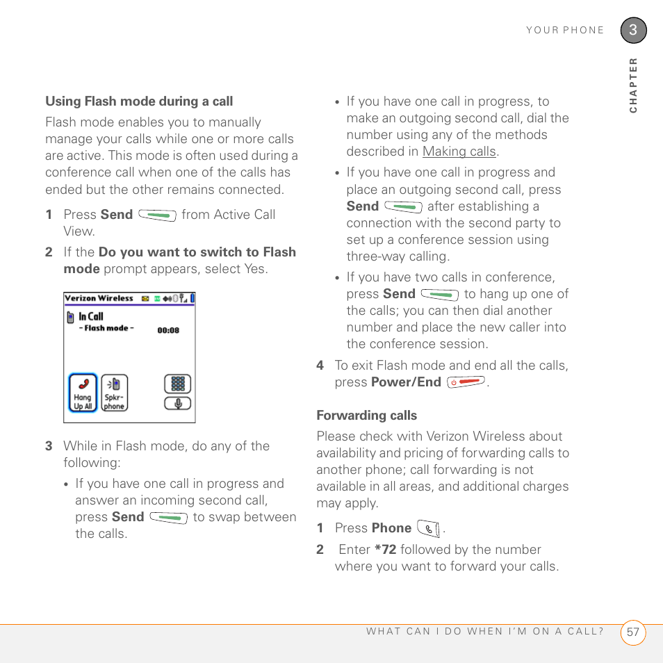 Using flash mode during a call, Forwarding calls | Palm 755P User Manual | Page 57 / 304