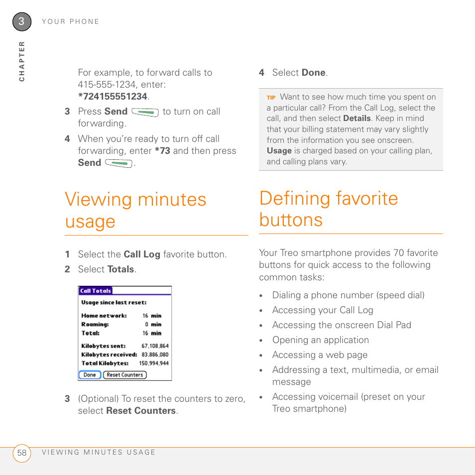 Viewing minutes usage, Defining favorite buttons, Viewing minutes usage defining favorite buttons | Ee defining favorite buttons | Palm 755P User Manual | Page 58 / 304