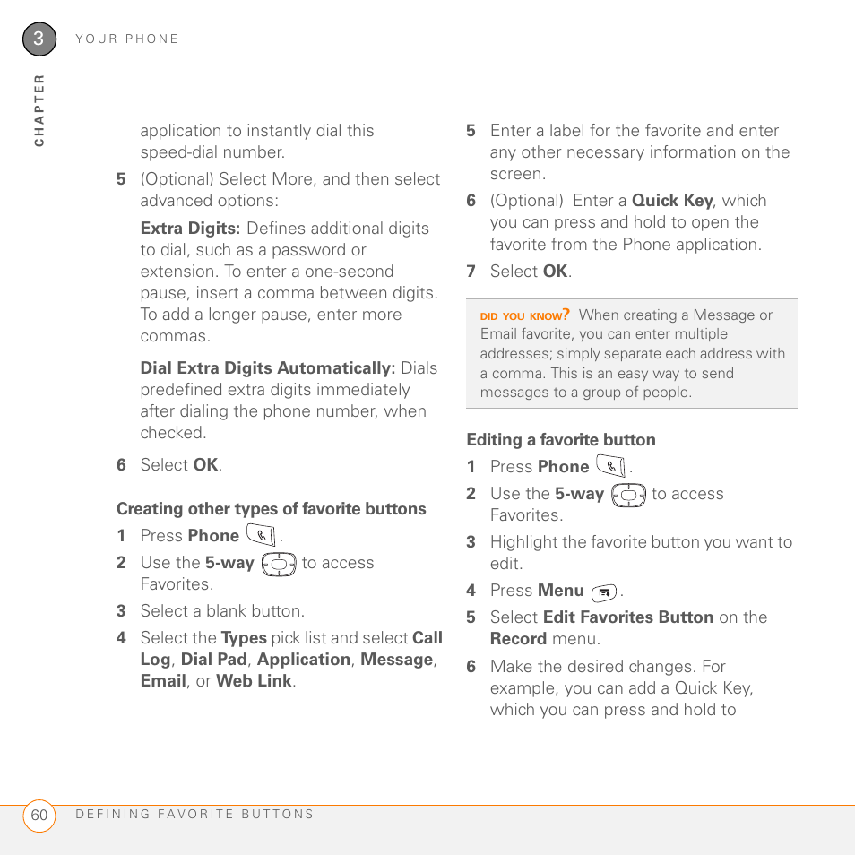 Creating other types of favorite buttons, Editing a favorite button | Palm 755P User Manual | Page 60 / 304