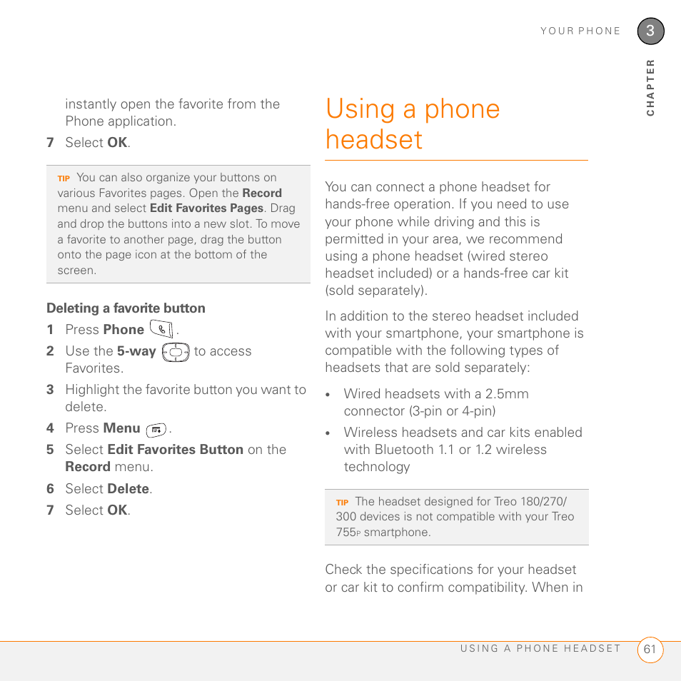 Deleting a favorite button, Using a phone headset, See using a phone headset | Palm 755P User Manual | Page 61 / 304