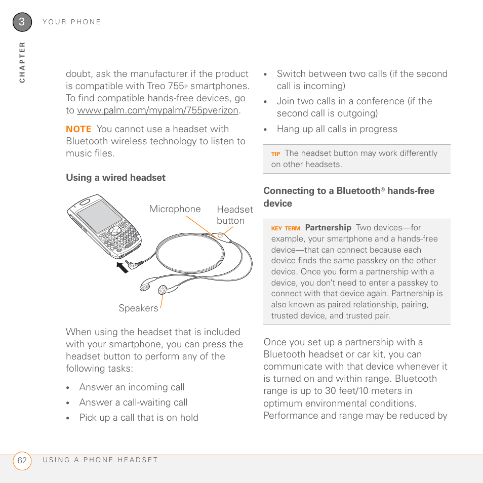 Using a wired headset, Connecting to a bluetooth® hands-free device, Ee connecting to a bluetooth® hands-free device | Palm 755P User Manual | Page 62 / 304