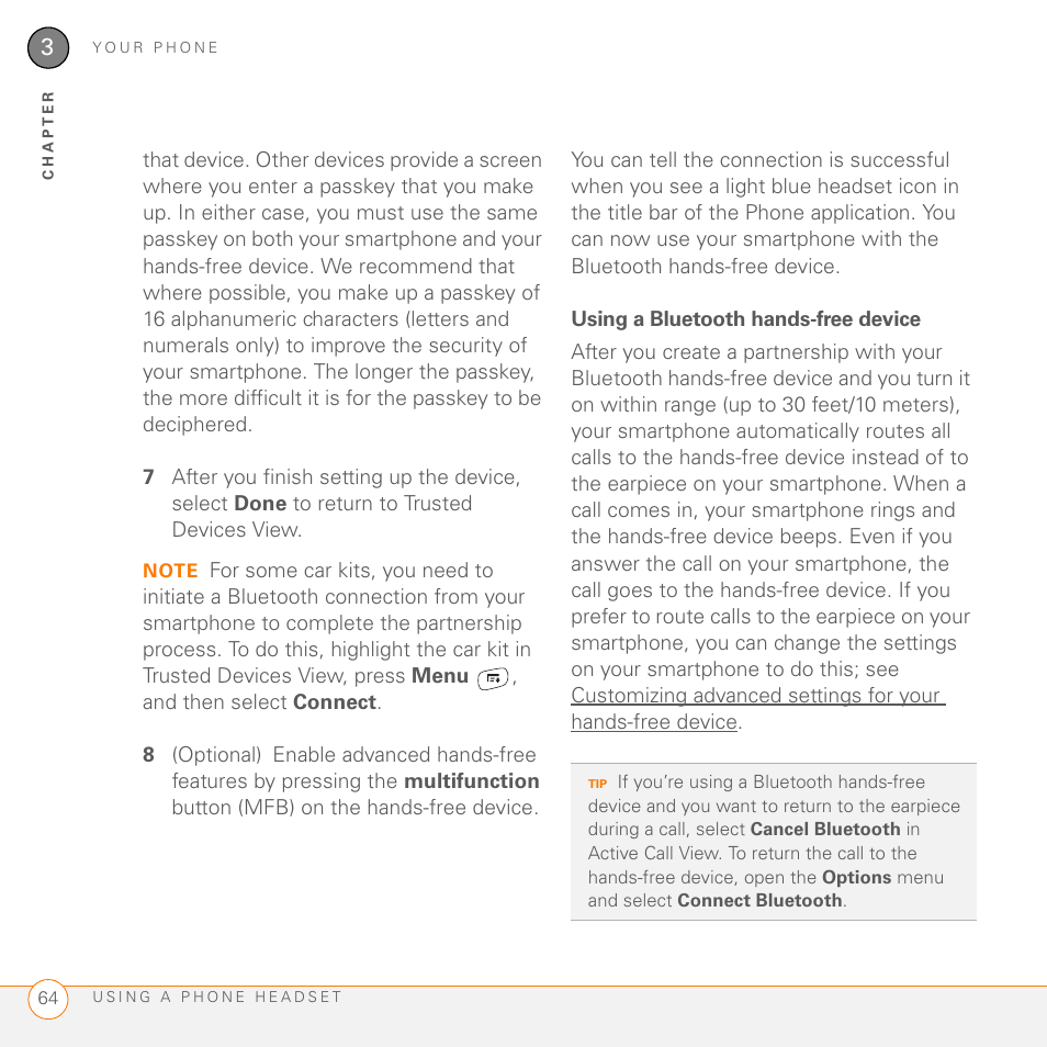 Using a bluetooth hands-free device | Palm 755P User Manual | Page 64 / 304