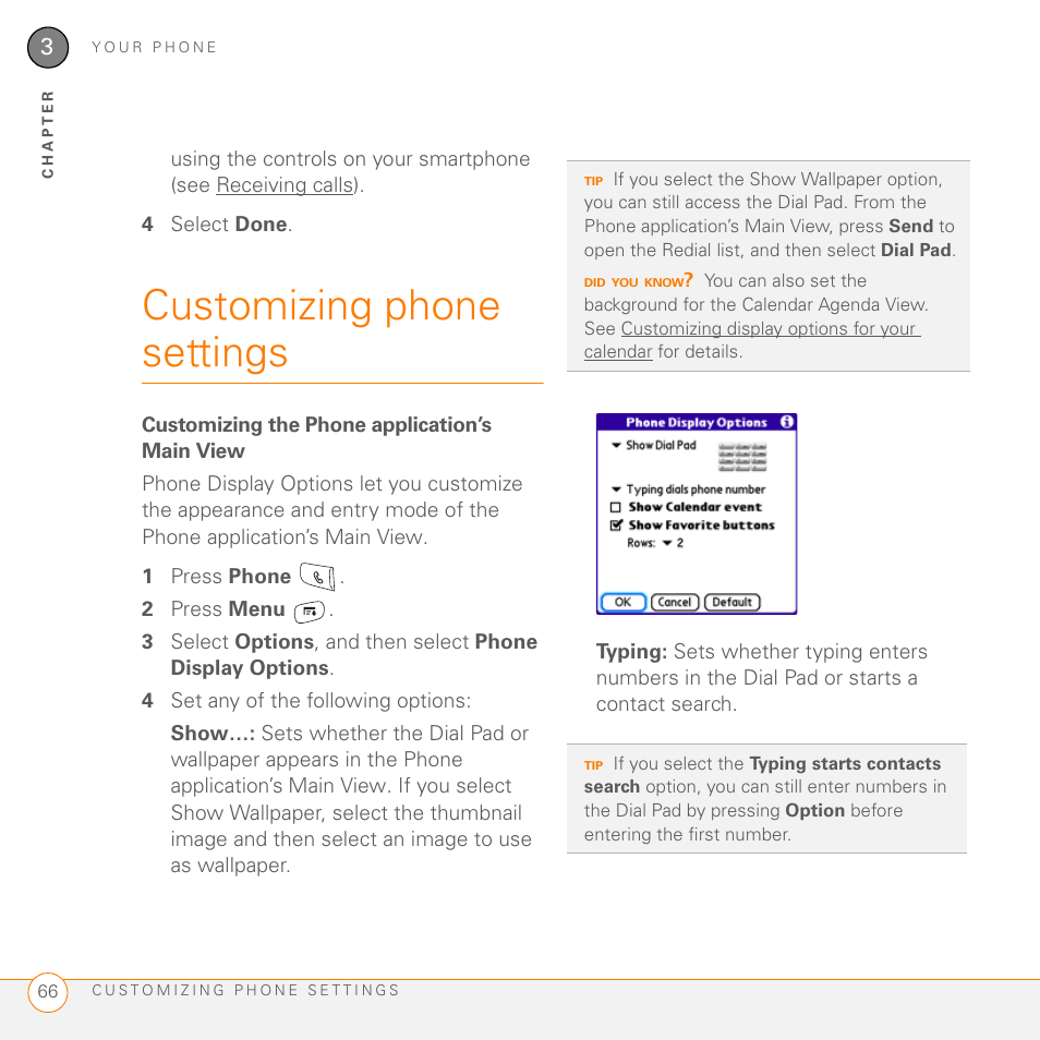 Customizing phone settings, Customizing the phone application’s main view | Palm 755P User Manual | Page 66 / 304