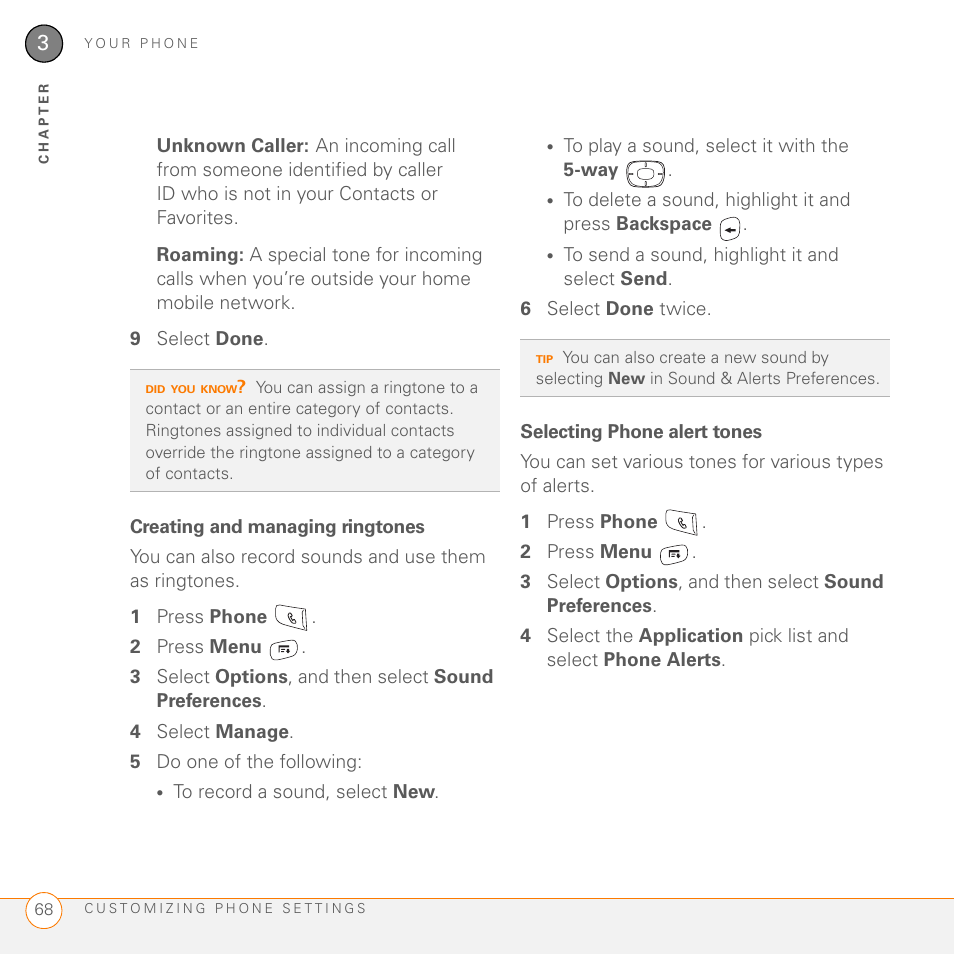 Creating and managing ringtones, Selecting phone alert tones | Palm 755P User Manual | Page 68 / 304