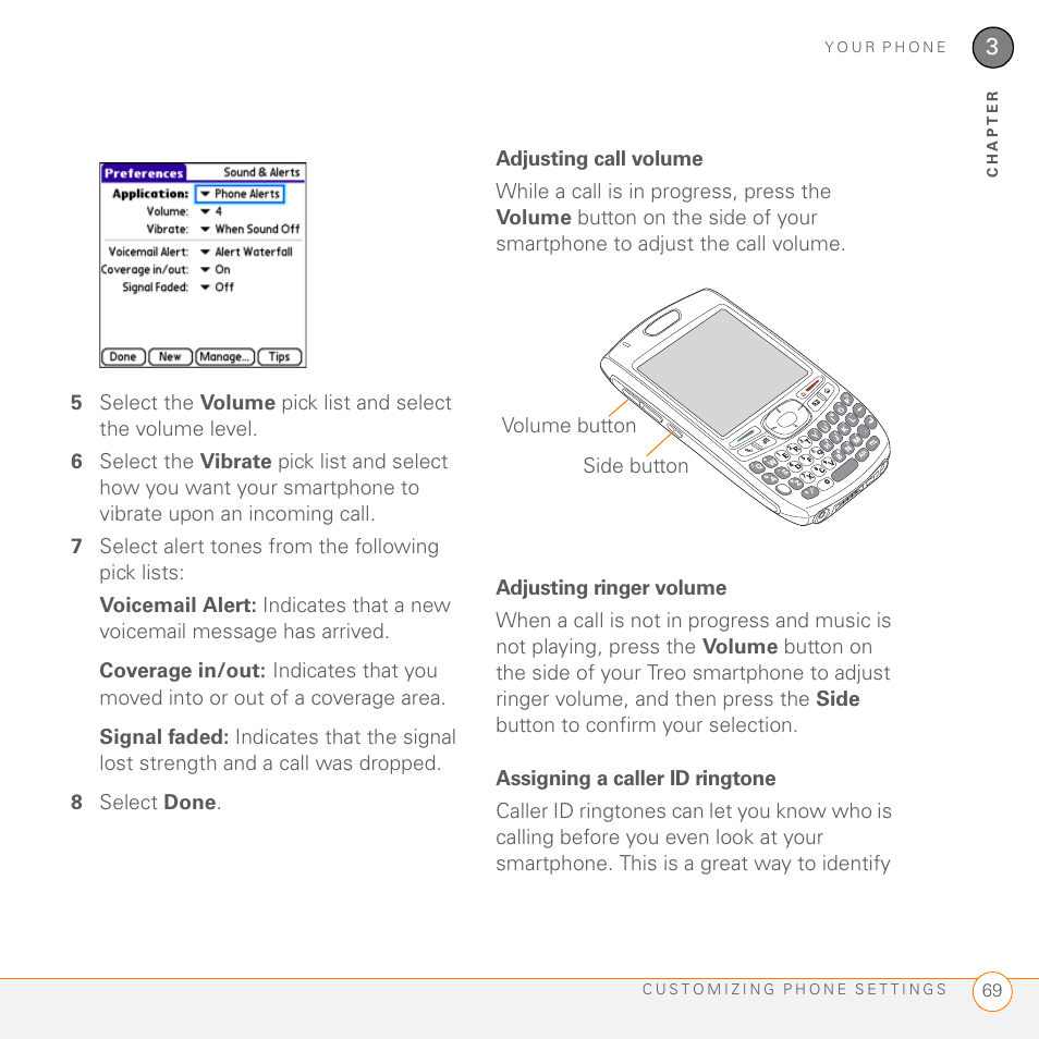 Adjusting call volume, Adjusting ringer volume, Assigning a caller id ringtone | Palm 755P User Manual | Page 69 / 304