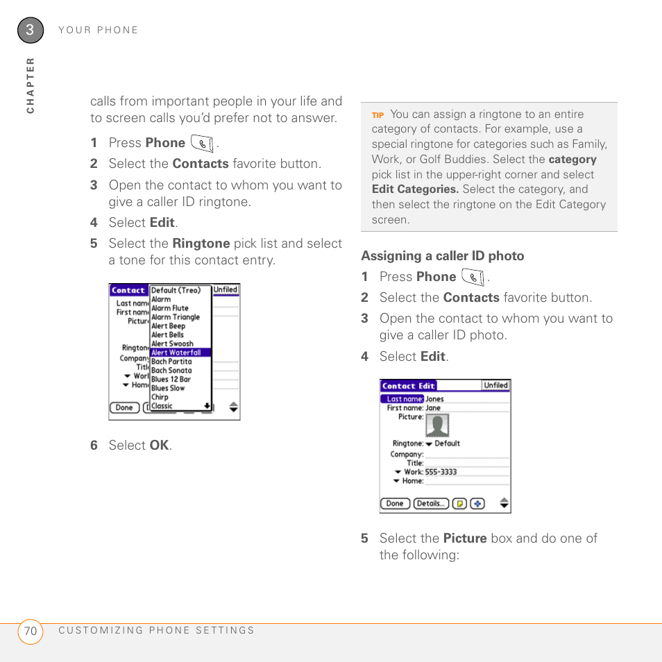 Assigning a caller id photo | Palm 755P User Manual | Page 70 / 304