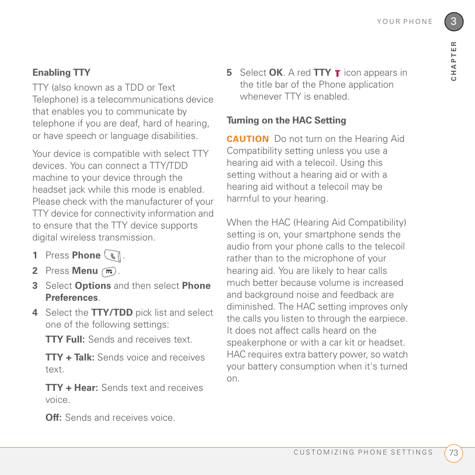 Enabling tty, Turning on the hac setting | Palm 755P User Manual | Page 73 / 304