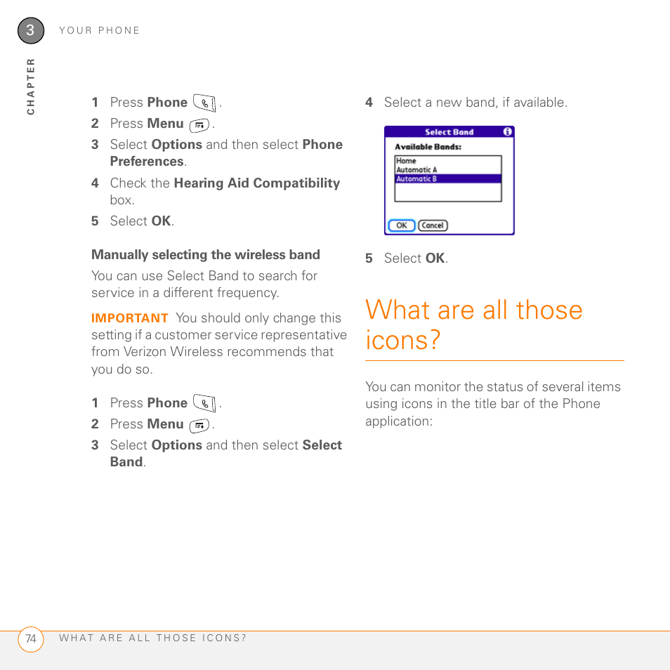 Manually selecting the wireless band, What are all those icons | Palm 755P User Manual | Page 74 / 304
