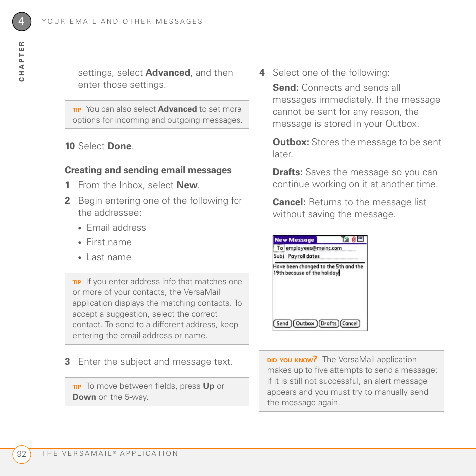 Creating and sending email messages | Palm 755P User Manual | Page 92 / 304