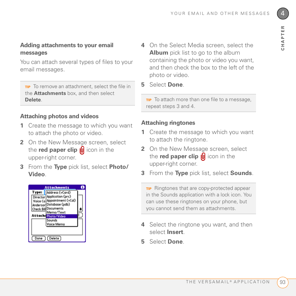 Adding attachments to your email messages, Attaching photos and videos, Attaching ringtones | Palm 755P User Manual | Page 93 / 304