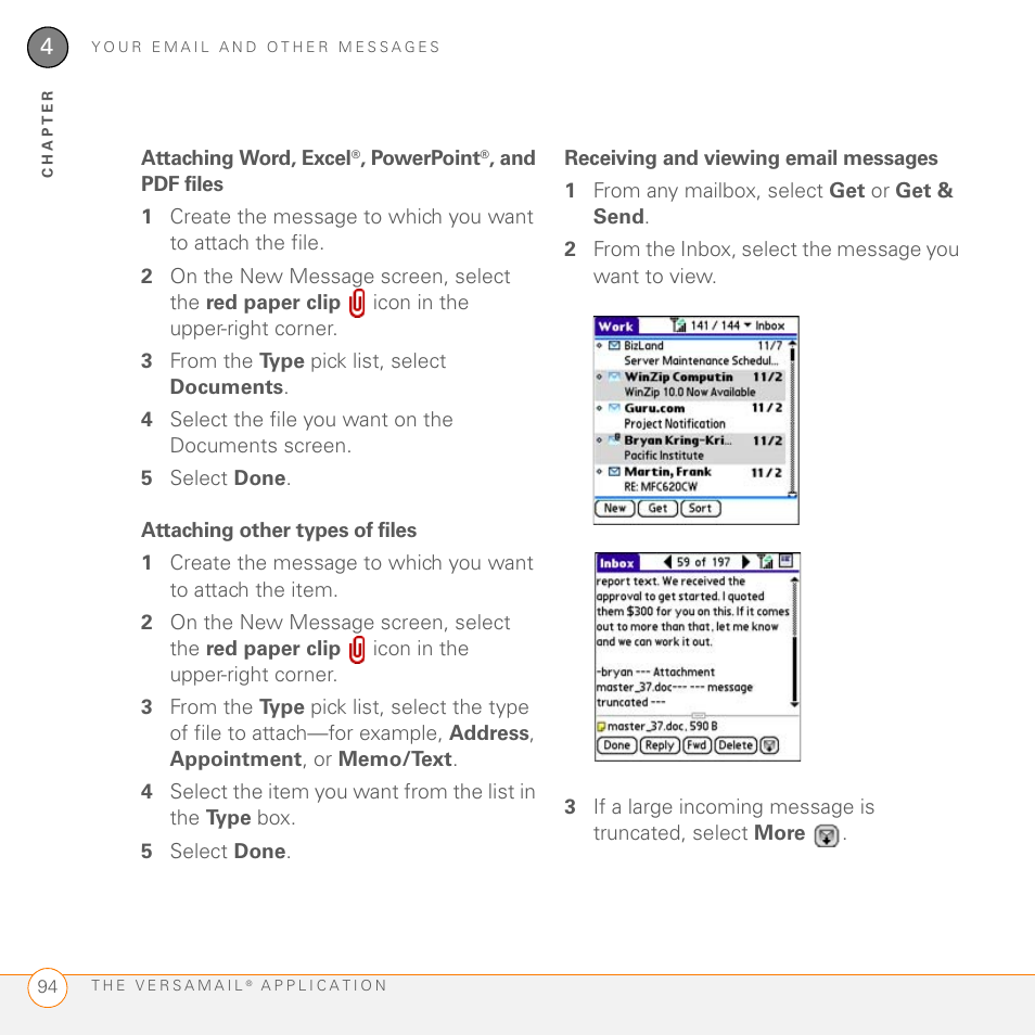 Attaching word, excel®, powerpoint®, and pdf files, Attaching other types of files, Receiving and viewing email messages | Palm 755P User Manual | Page 94 / 304