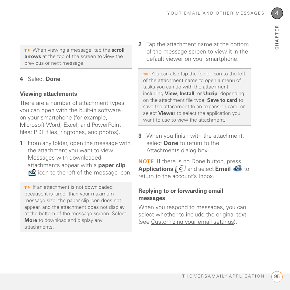 Viewing attachments, Replying to or forwarding email messages | Palm 755P User Manual | Page 95 / 304