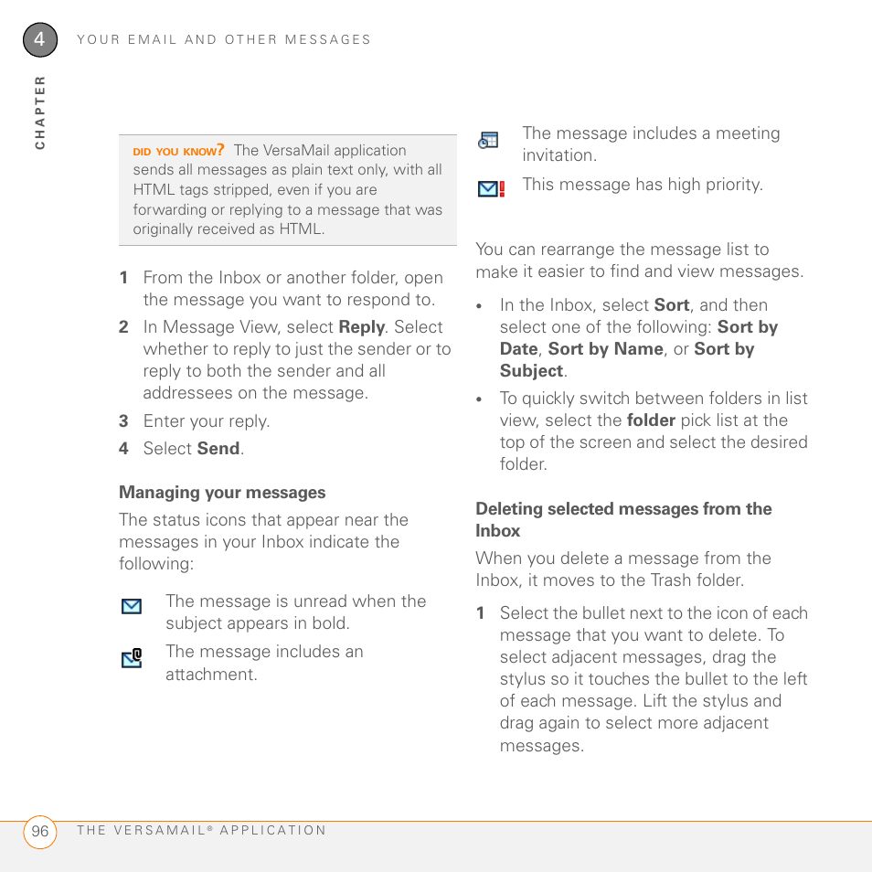 Managing your messages, Deleting selected messages from the inbox | Palm 755P User Manual | Page 96 / 304