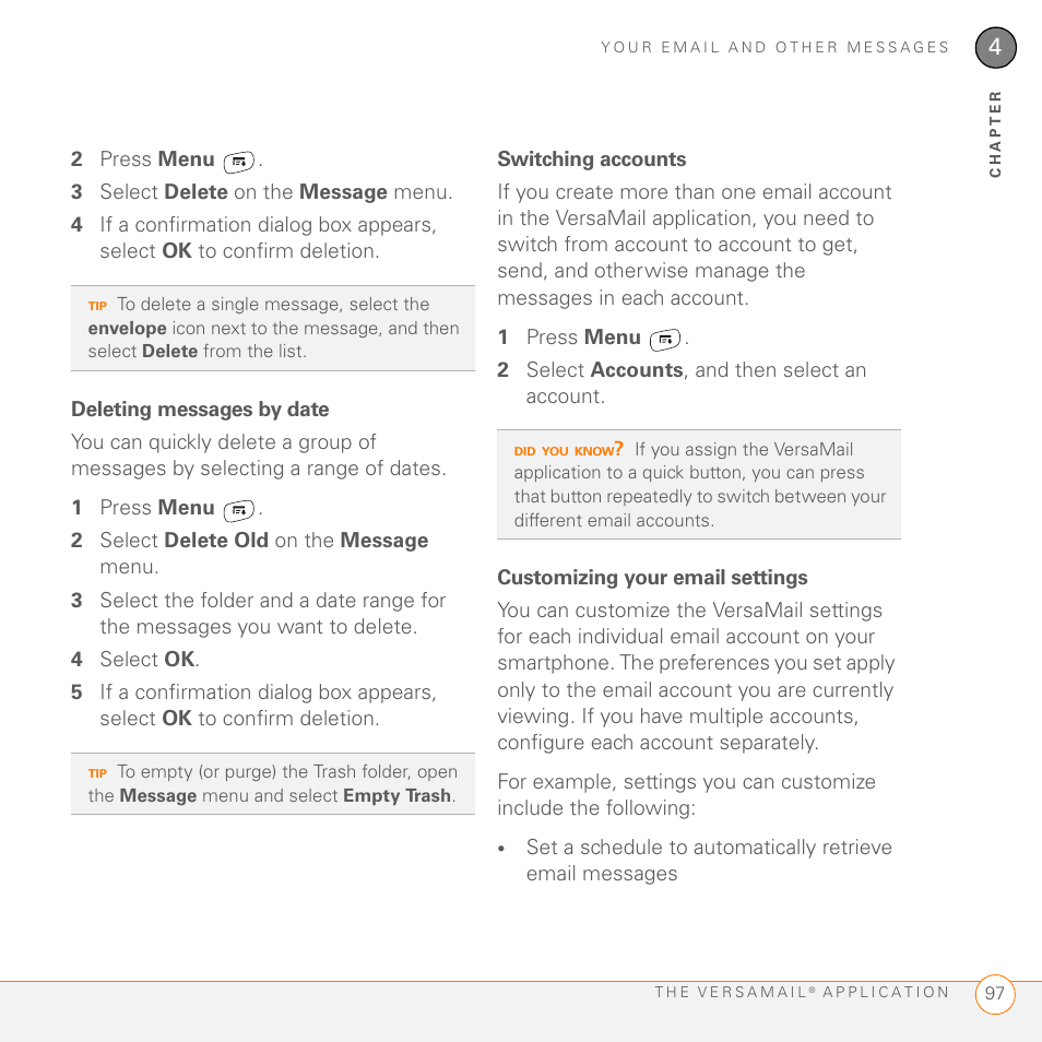 Deleting messages by date, Switching accounts, Customizing your email settings | Palm 755P User Manual | Page 97 / 304