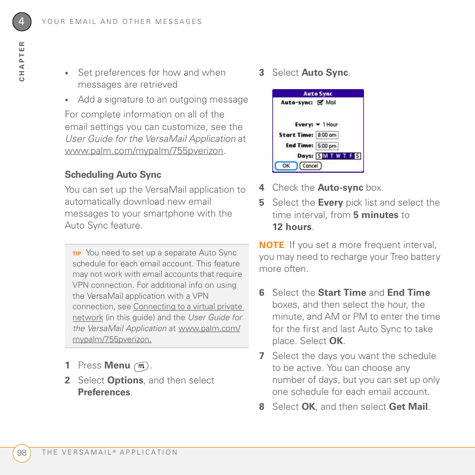 Scheduling auto sync | Palm 755P User Manual | Page 98 / 304