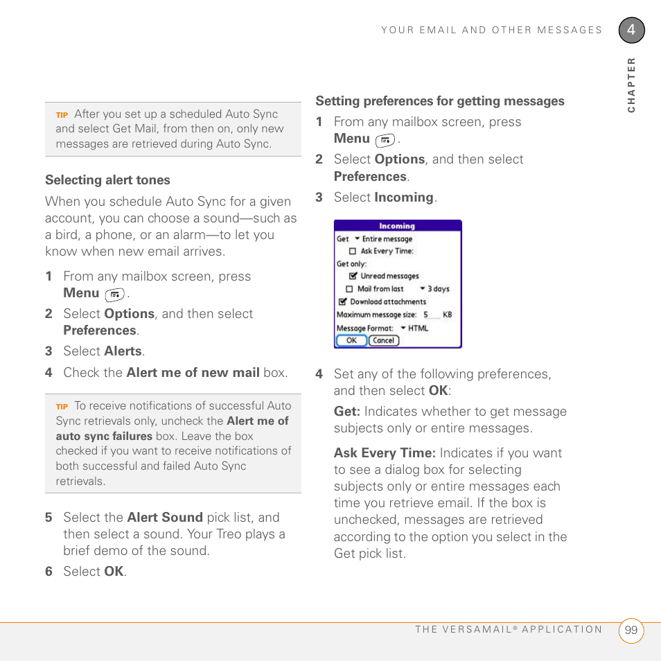 Selecting alert tones, Setting preferences for getting messages | Palm 755P User Manual | Page 99 / 304