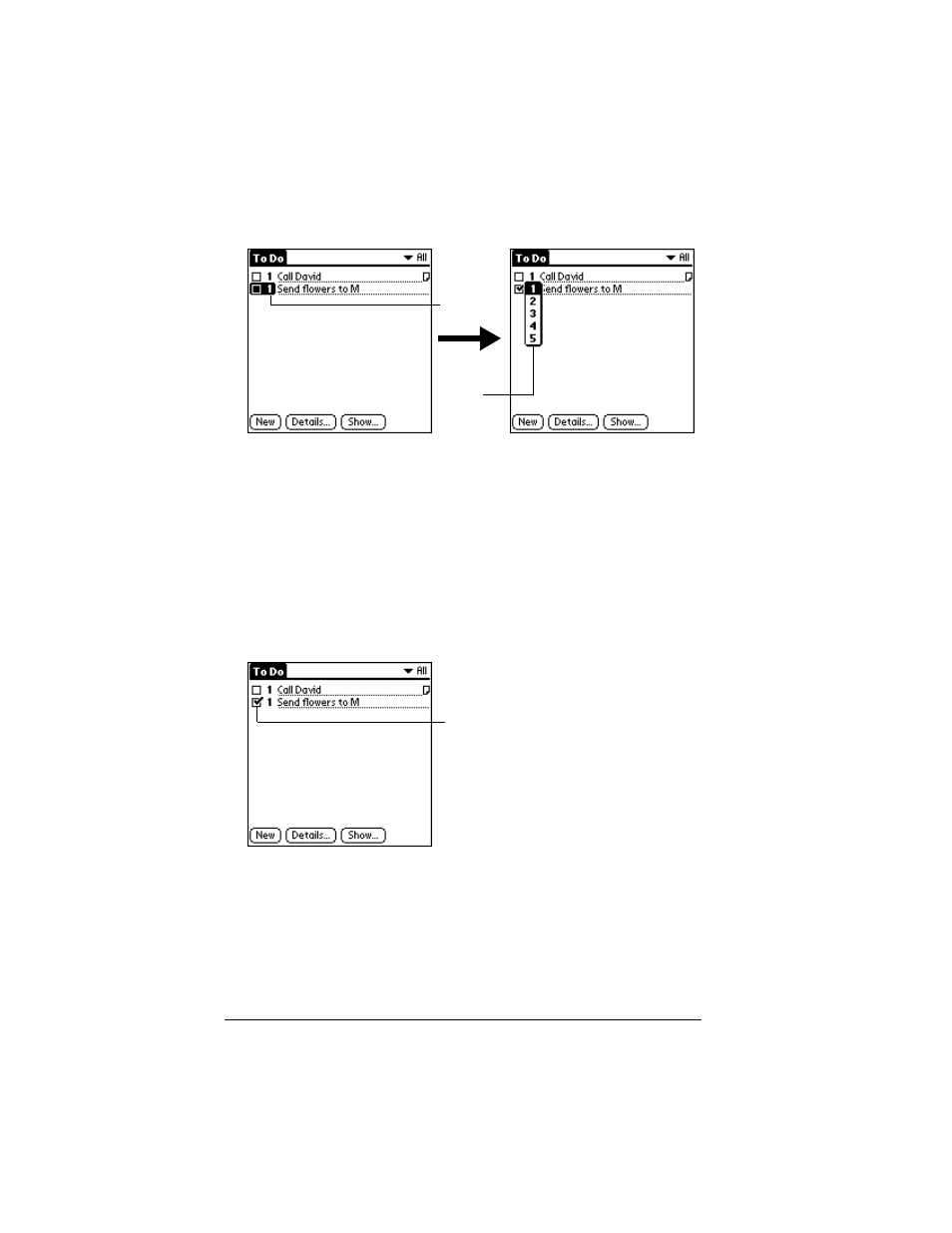 To set the priority of a to do list item, Checking off a to do list item, To check off a to do list item | Changing to do list item details | Palm IIIc User Manual | Page 102 / 246