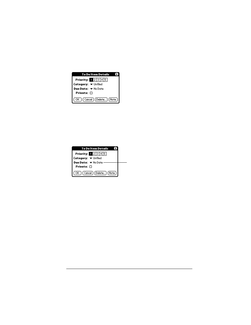 To display the to do item details dialog box, Setting a due date, To set a due date for a to do list item | Palm IIIc User Manual | Page 103 / 246