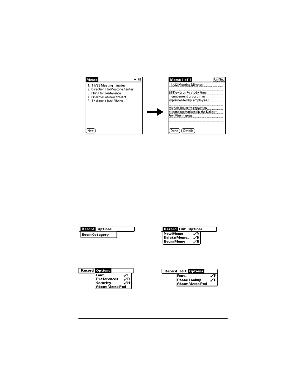 To review a memo, Memo pad menus, Record menus | Options menus | Palm IIIc User Manual | Page 107 / 246